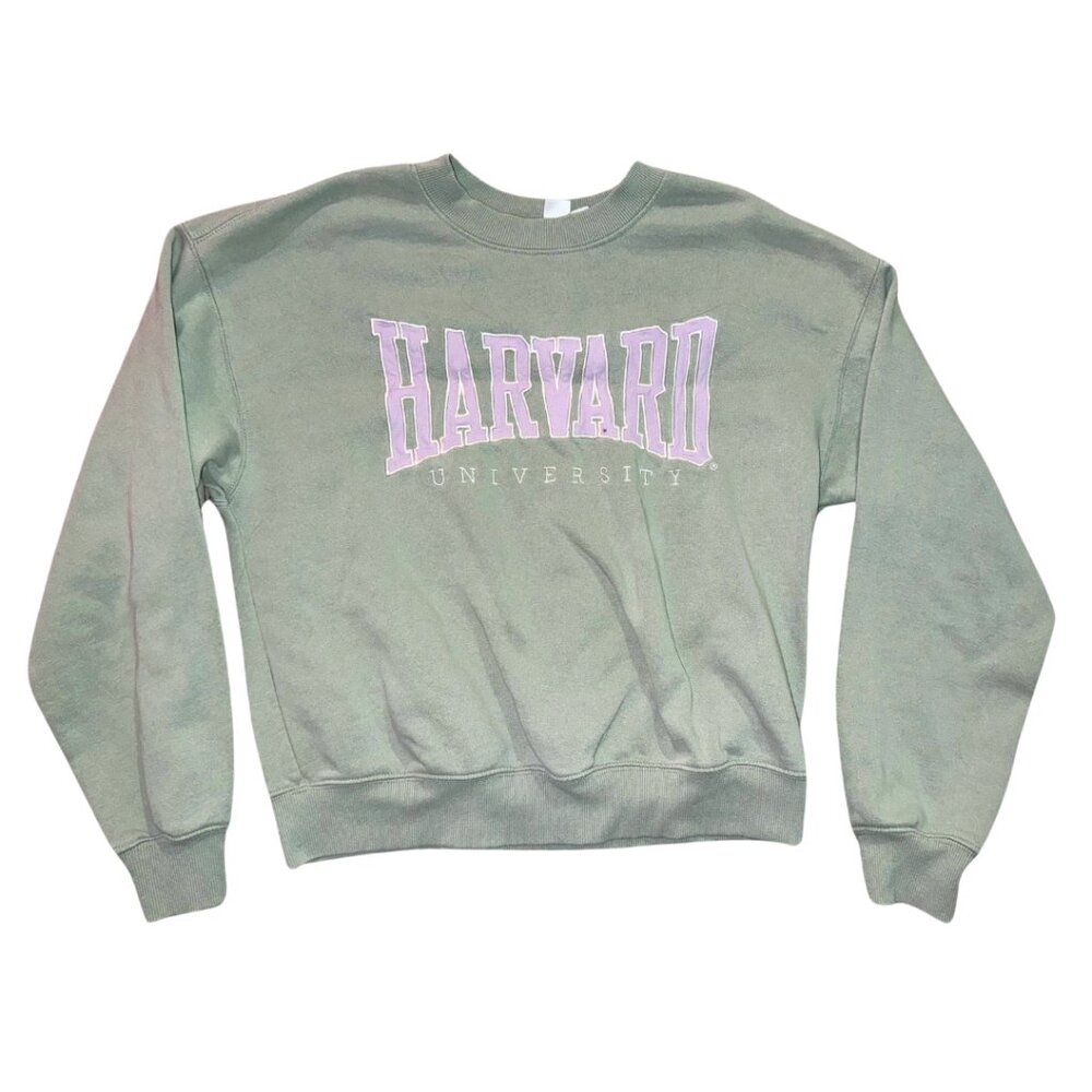 H&M Divided Women XS Pastel Green Harvard Cropped Crewneck Hoodie Pullover